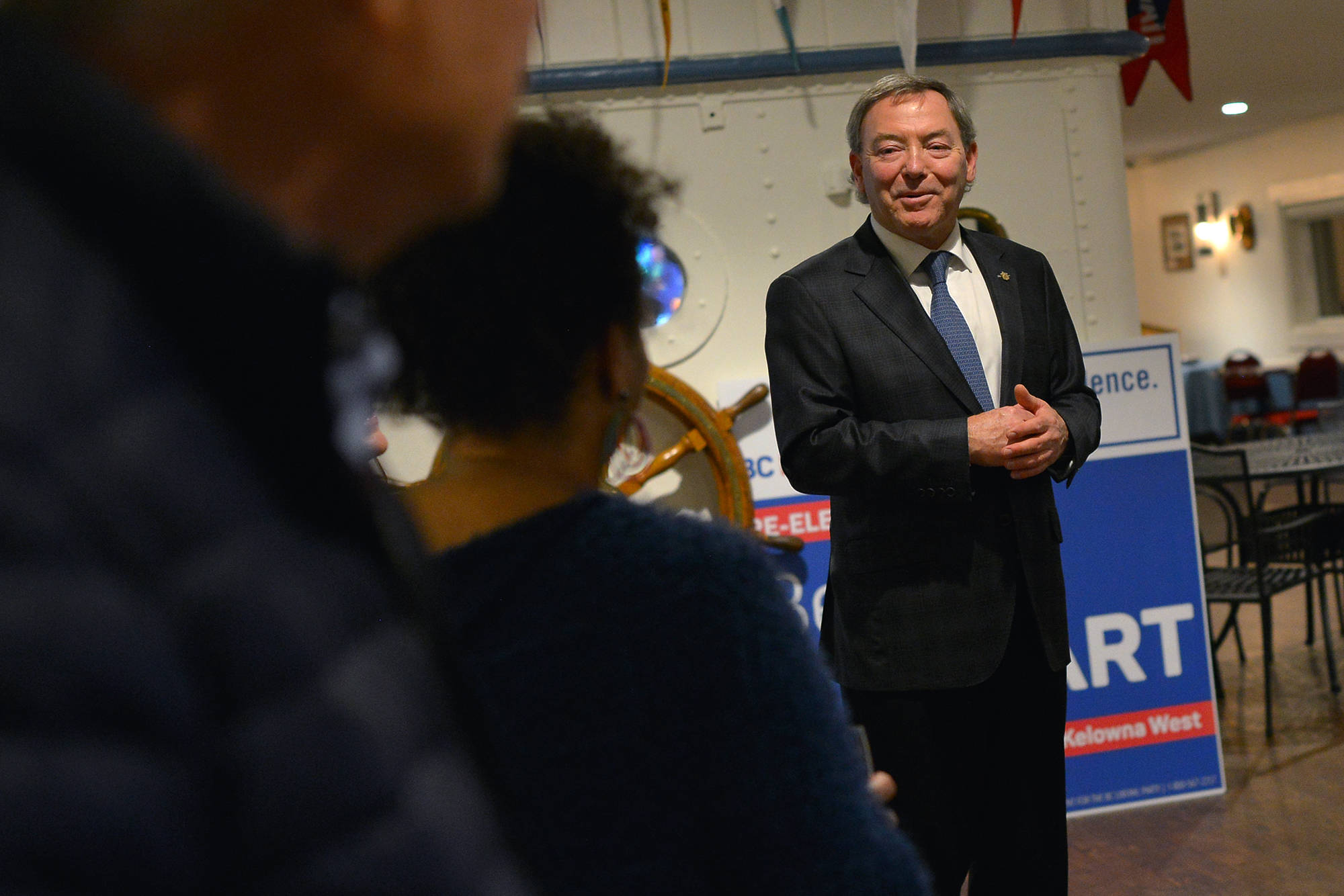 Kelowna West MLA Ben Stewart addresses a small gathering of campaign supporters at the West Kelowna Yacht Club, shortly after hearing of his election victory on Oct. 24, 2020. (Phil McLachlan/Black Press Media file)