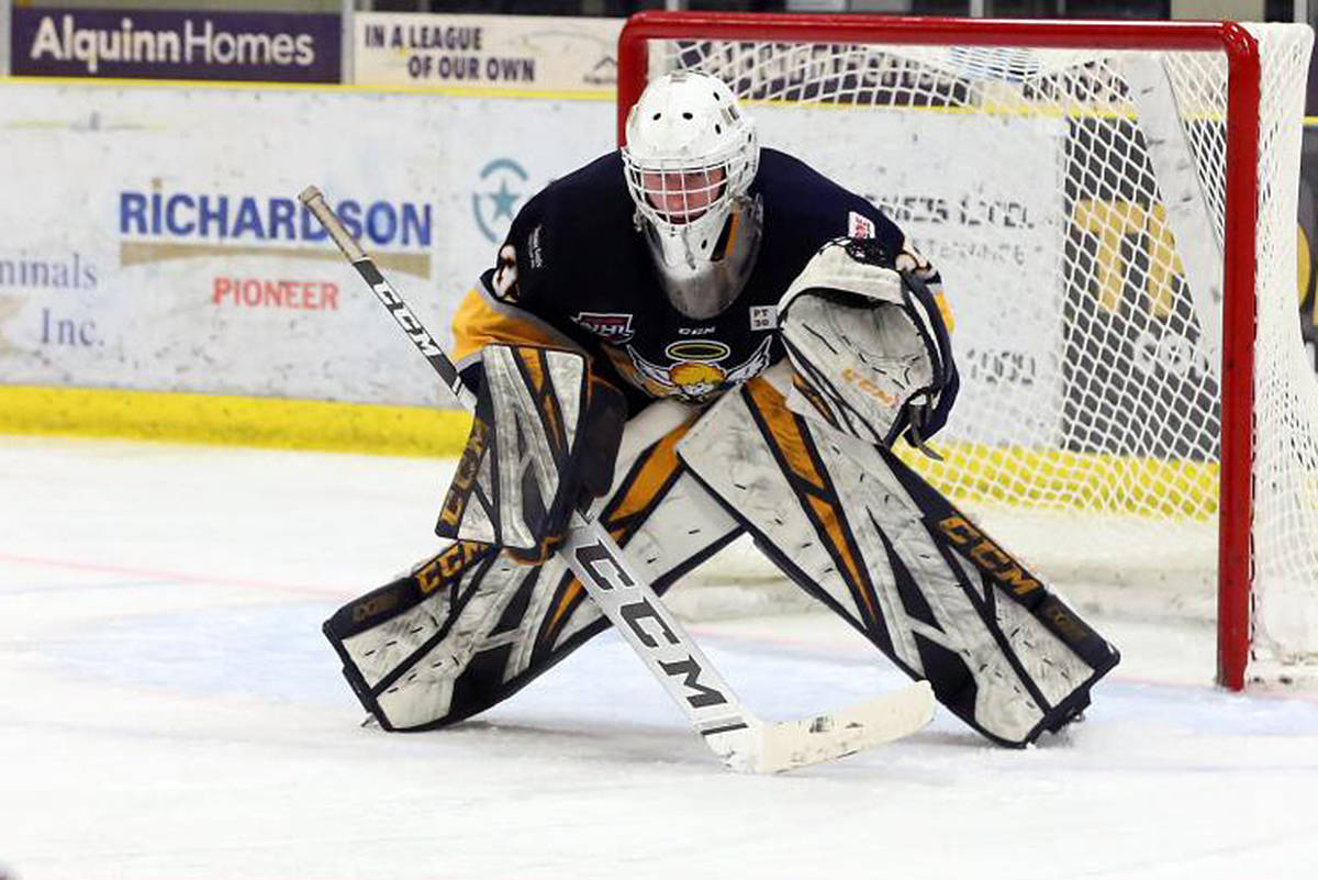 Goaltender Tyler Palmer in action for the Spruce Grove Saints of the Alberta Junior Hockey League. Palmer signed a standard player agreement with the Victoria Royals this week. (Courtesy of the Spruce Grove Saints)