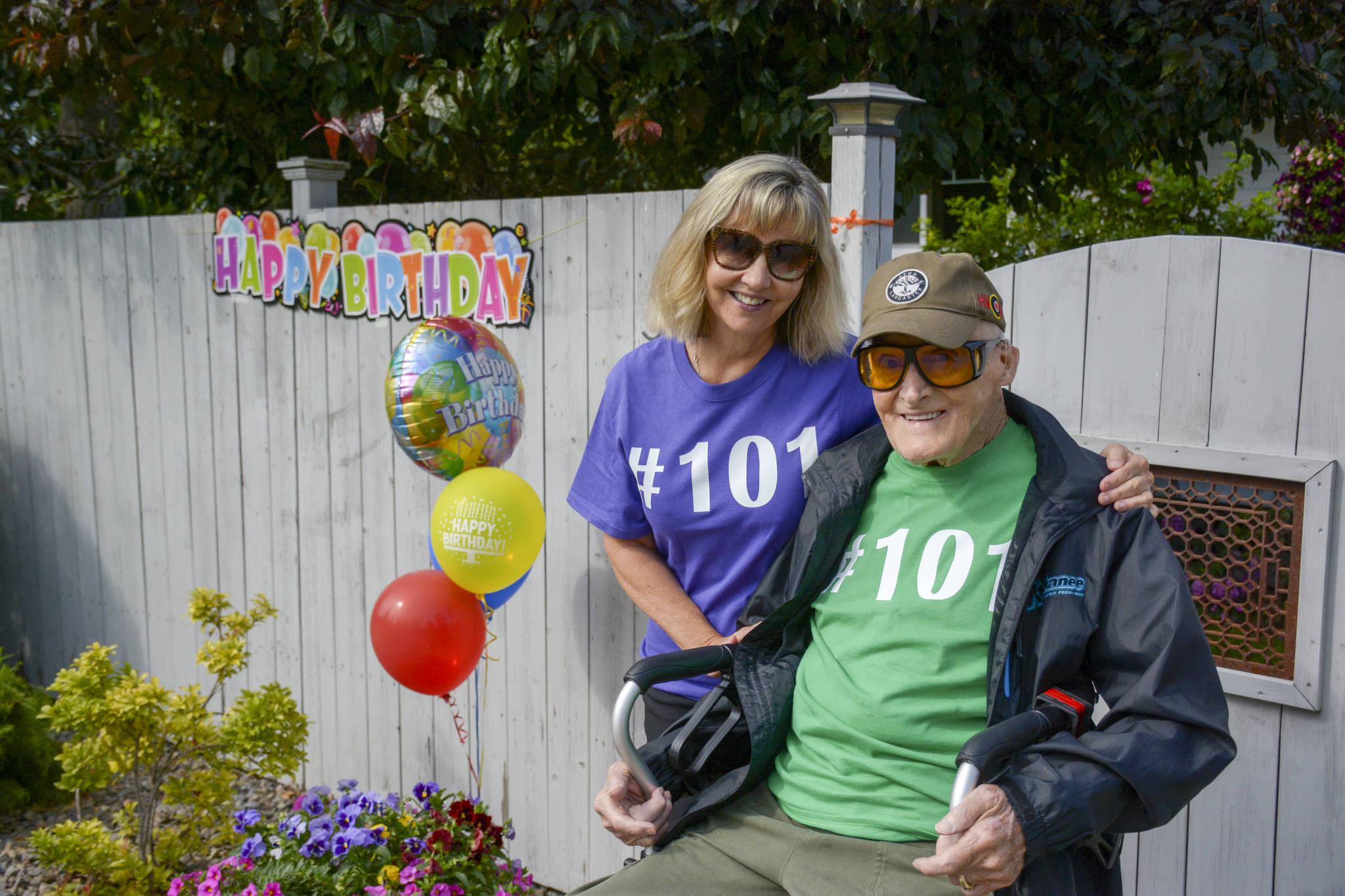 Nancy DeVuono poses with her father Chuck Page, a veteran and new resident of Creston, at the celebration of his 101st birthday on August 9. (Photo by Kelsey Yates)