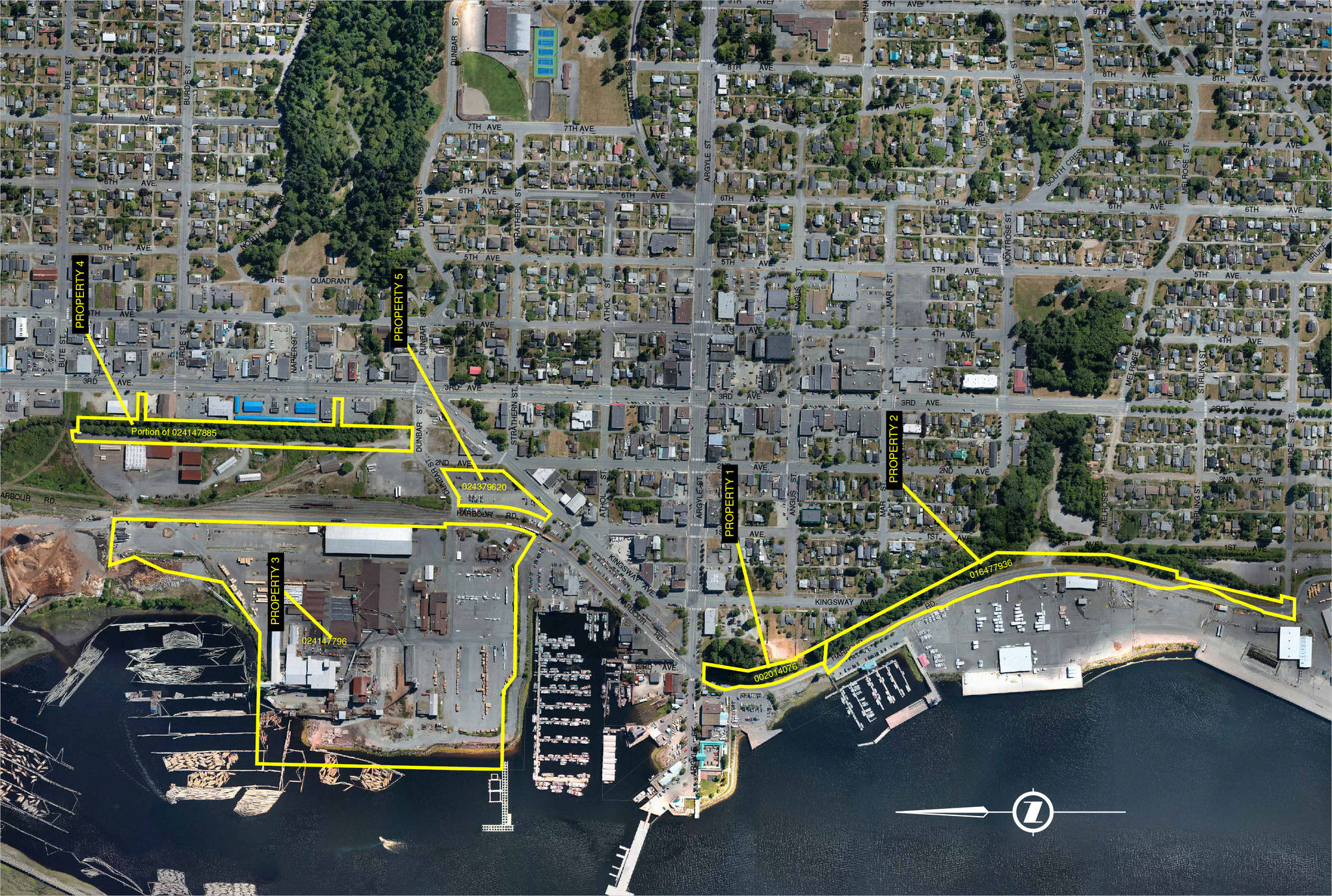The areas noted in yellow are the five properties included in the sale of the Somass Sawmill to the City of Port Alberni. (SUBMITTED PHOTO)