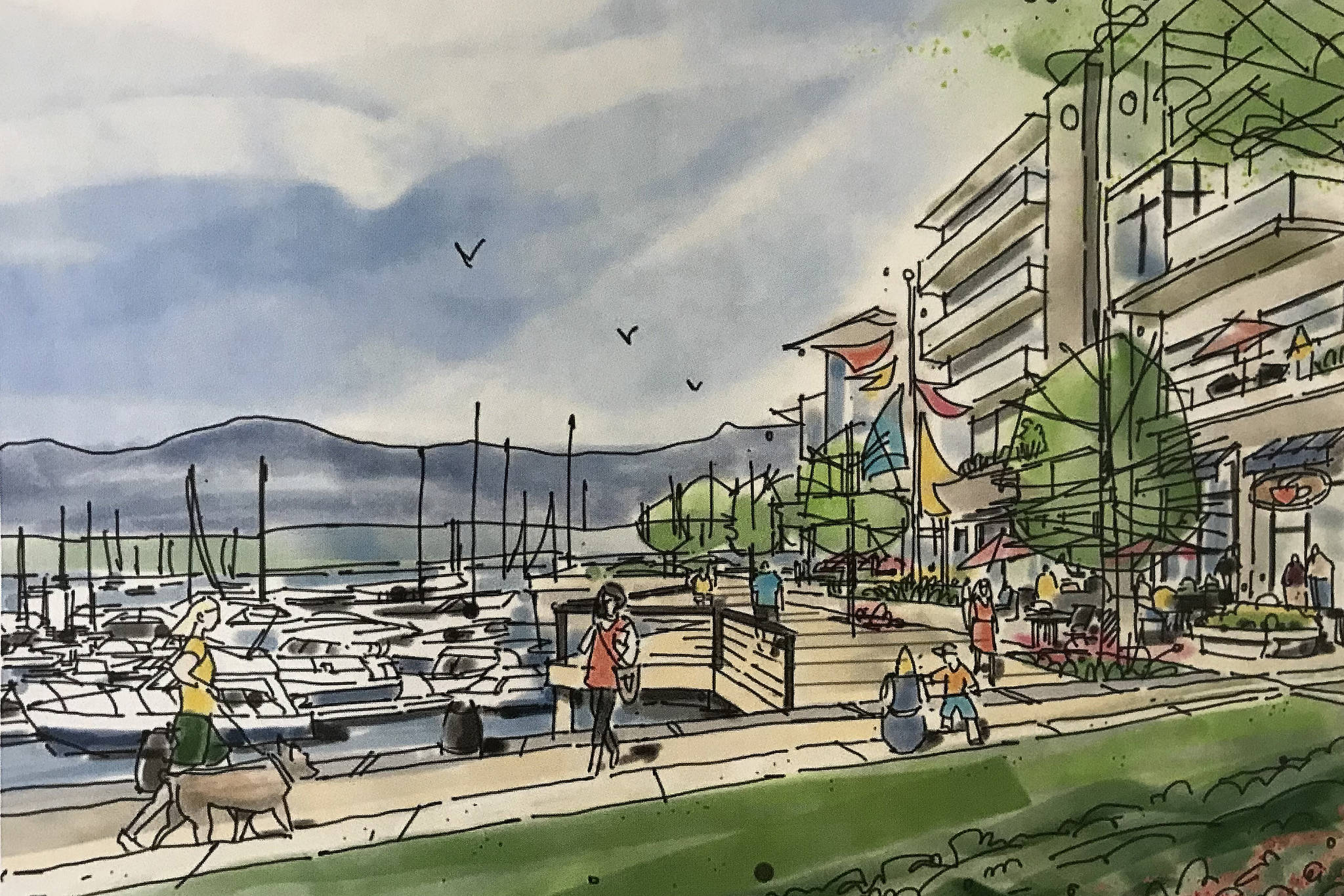 An artist’s conception shows the possibility of what a vibrant waterfront community could look like at the Somass Sawmill property. (SUBMITTED PHOTO)
