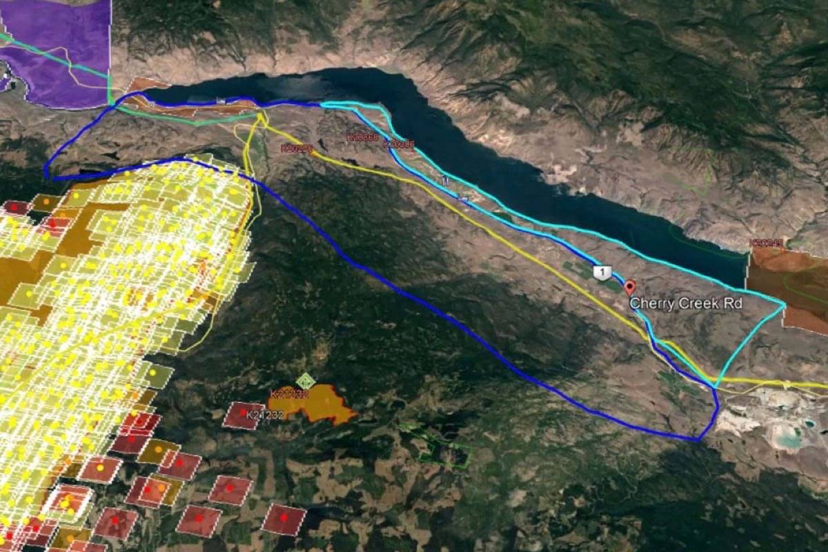 A rough map shows the area around Cherry Creek (outlined in dark blue) going on evacuation order. The area north of Highway 1 outlined in turquoise, which includes Tobiano, is remaining on evacuation alert, as is Savona to the west. (Photo credit: BCWS)