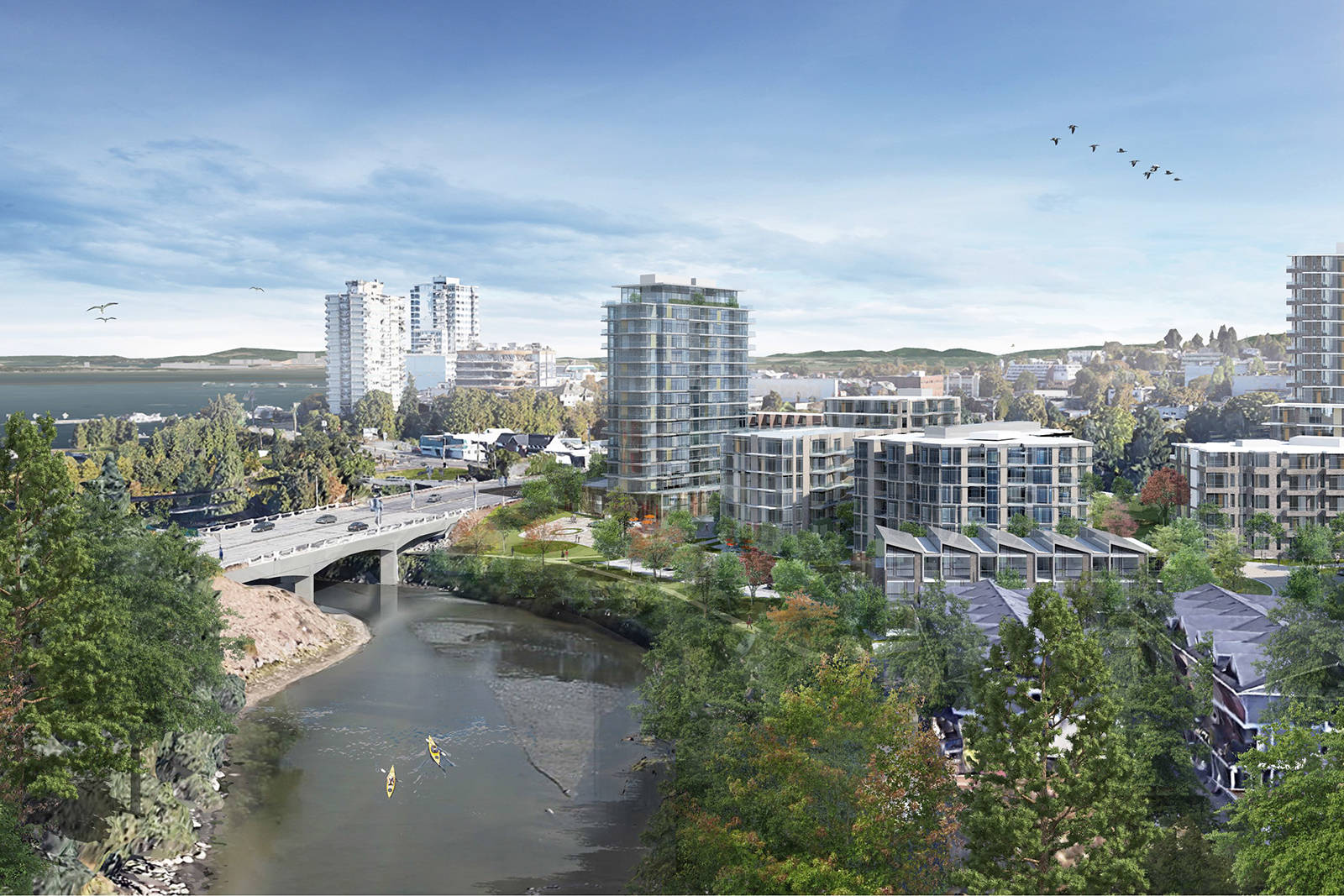 Property owner Oakwood Park Estates has submitted a re-zoning application for the ‘Millstone Riverfront’ project, a major redevelopment proposed for the former Howard Johnson Harbourside Hotel site at 1 Terminal Ave. in downtown Nanaimo. (D’Ambrosio Architecture and Urbanism image)