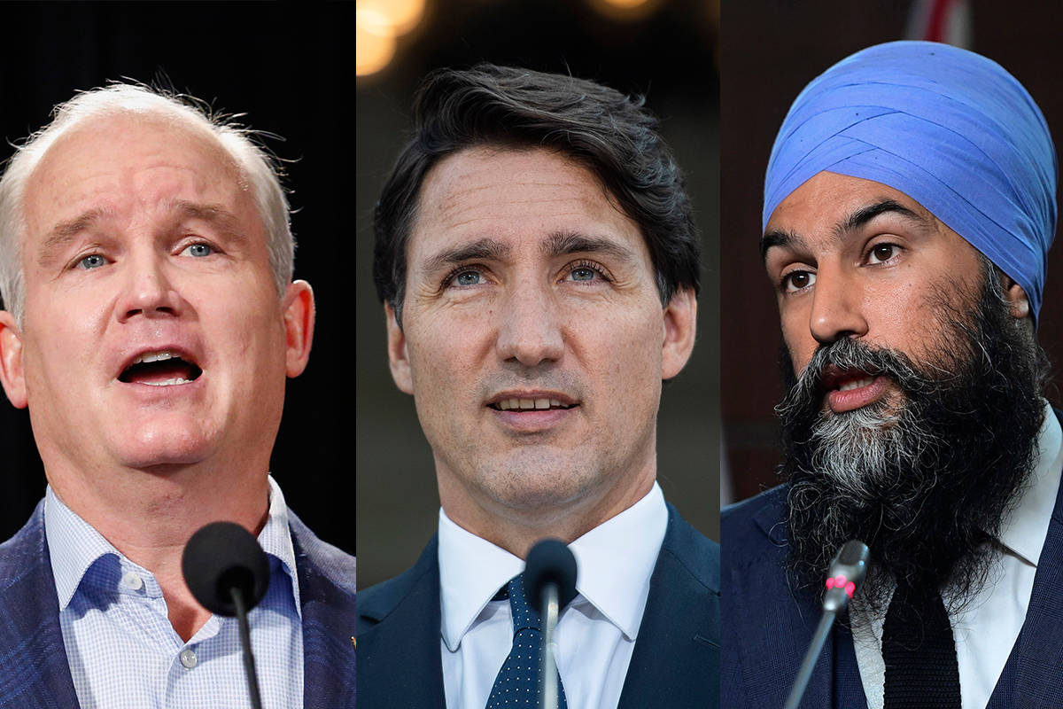 Conservatives Leader Erin O’Toole, Liberal Leader Justin Trudeau and NDP Leader Jagmeet Singh will be among five party leaders vying for power during the federal election on Sept. 20, 2021. (The Canadian Press)