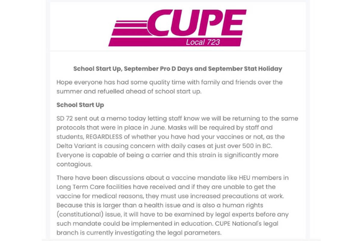 A CUPE 723 memo misinterpreted a School District 72 communication. (CUPE 723)