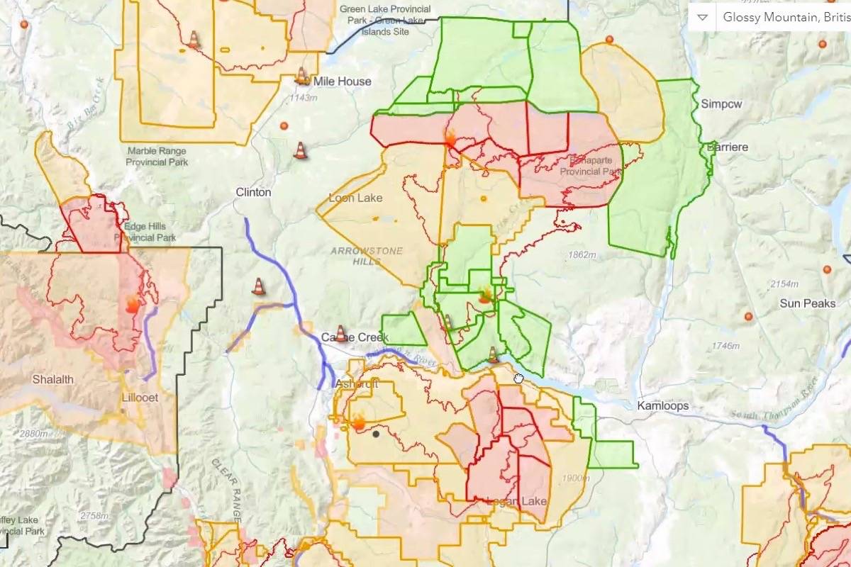 A map issued by the Thompson-Nicola Regional District shows areas on evacuation order (red), alert (yellow), and all clear (green) as of Aug. 22. (Photo credit: TNRD)