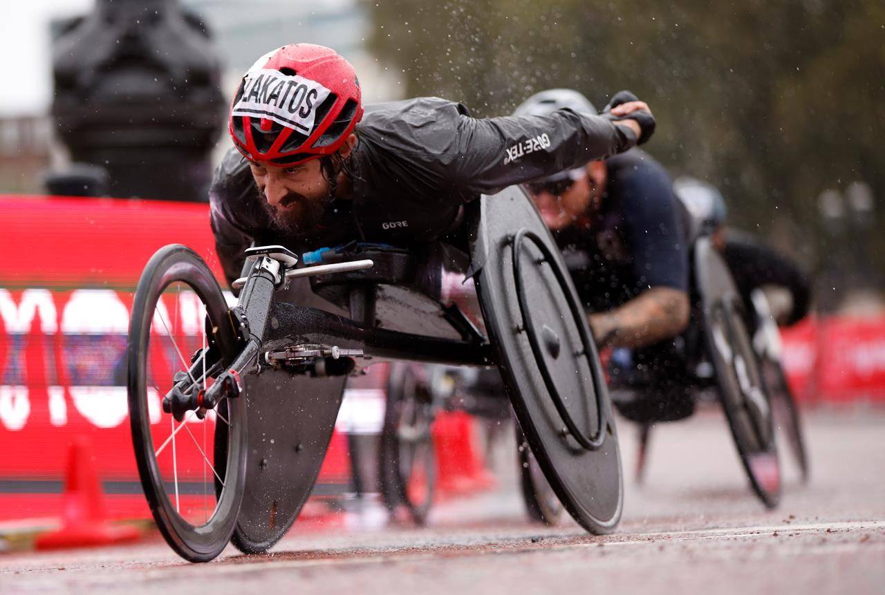 Canada’s Brent Lakatos races to win the men’s elite wheelchair race at the London Marathon in London, England, Sunday, Oct. 4, 2020. THE CANADIA PRESS/John Sibley/Pool via AP
