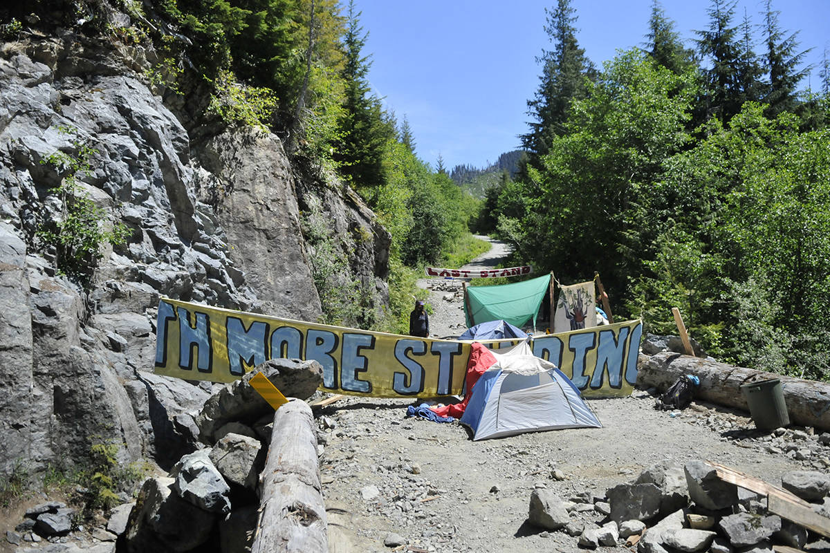 Waterfall Camp on the Granite Main is blocking access to old-growth cut blocks that Teal Cedar has a licence to log. The court injunction that declared such blockades illegal expires Sept. 26. (Zoe Ducklow/News Staff)