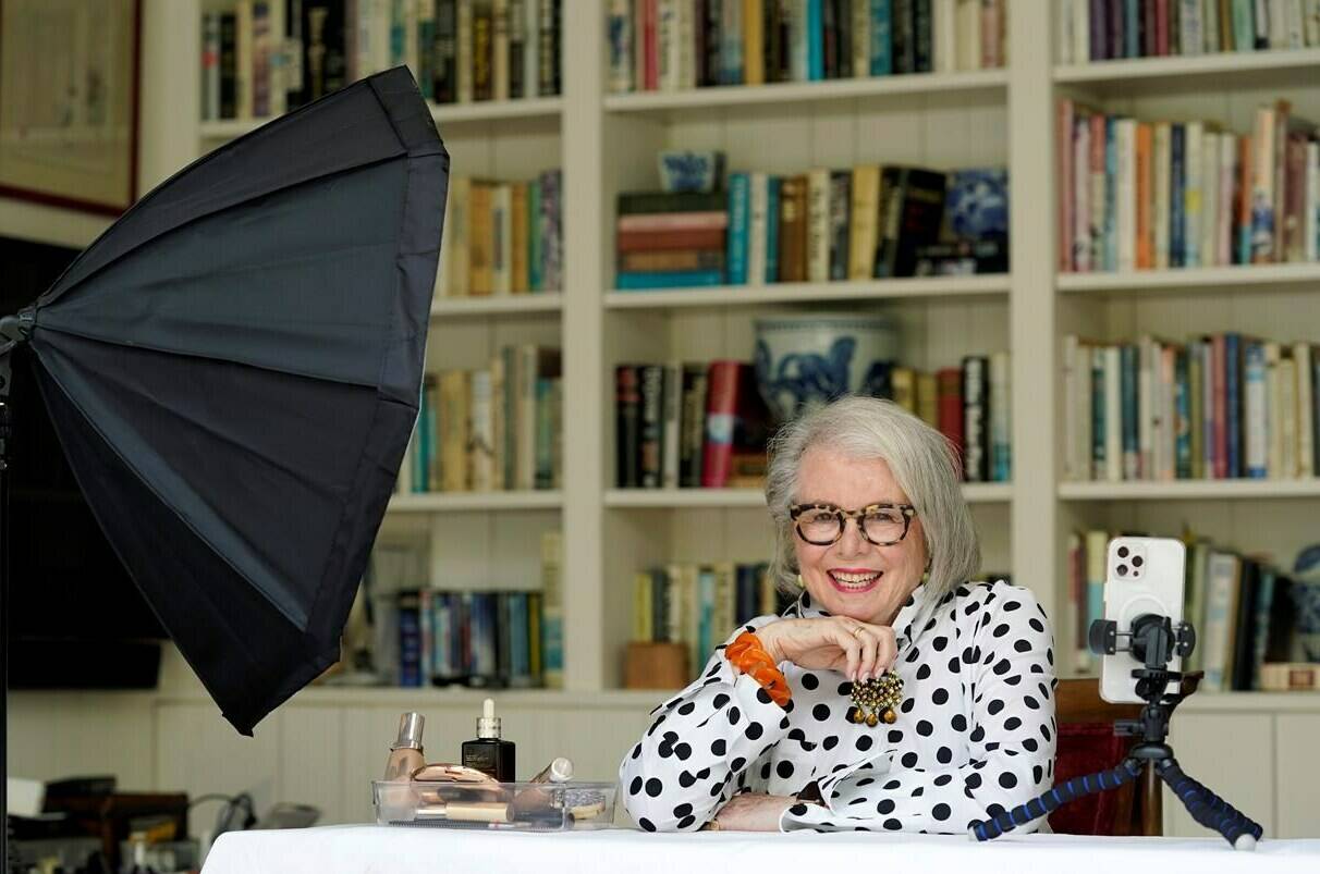 Senior influencer Sandra Sallin, 80, poses for a portrait at home, Friday, Aug. 20, 2021, in Los Angeles. Sallin is among a growing number of seniors making names for themselves on social media. (AP Photo/Chris Pizzello)