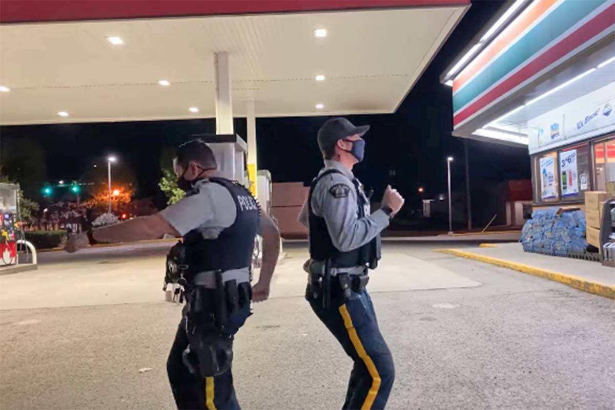 A video of two RCMP officers dancing outside of 7-Eleven in Vanderhoof by Ada Madam has received more than 10,000 views on Facebook as of Wednesday, September 1. (Facebook image)