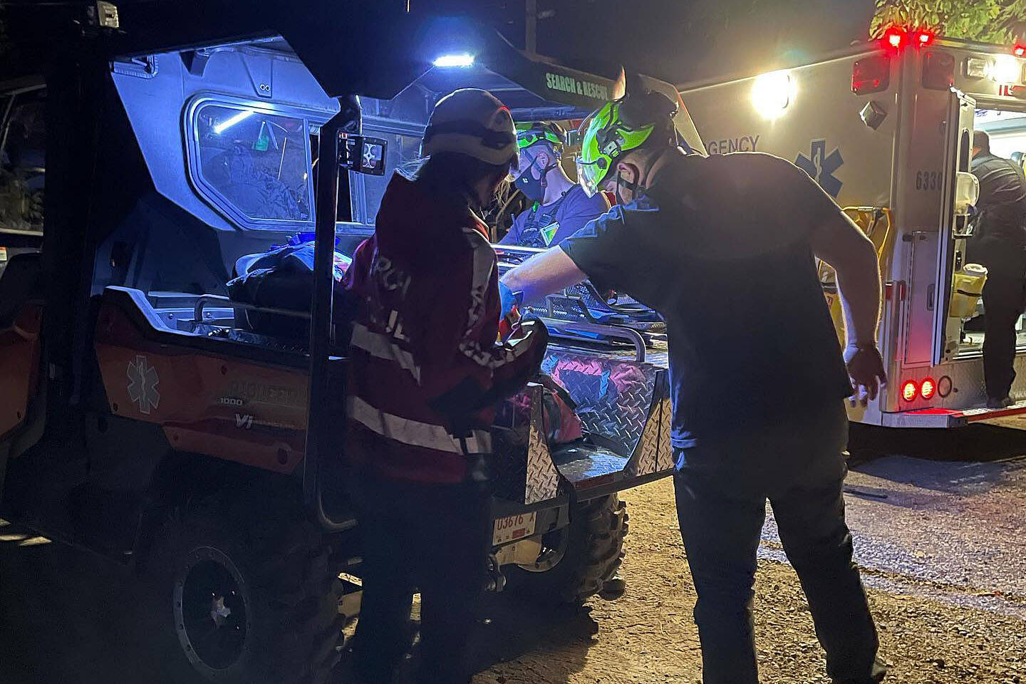 Members of the Alberni Valley Rescue Squad muster near the trail system to Cold Creek Falls, where a hiker needed to be rescued Sept. 2, 2021. (PHOTO COURTESY ALBERNI VALLEY RESCUE SQUAD)