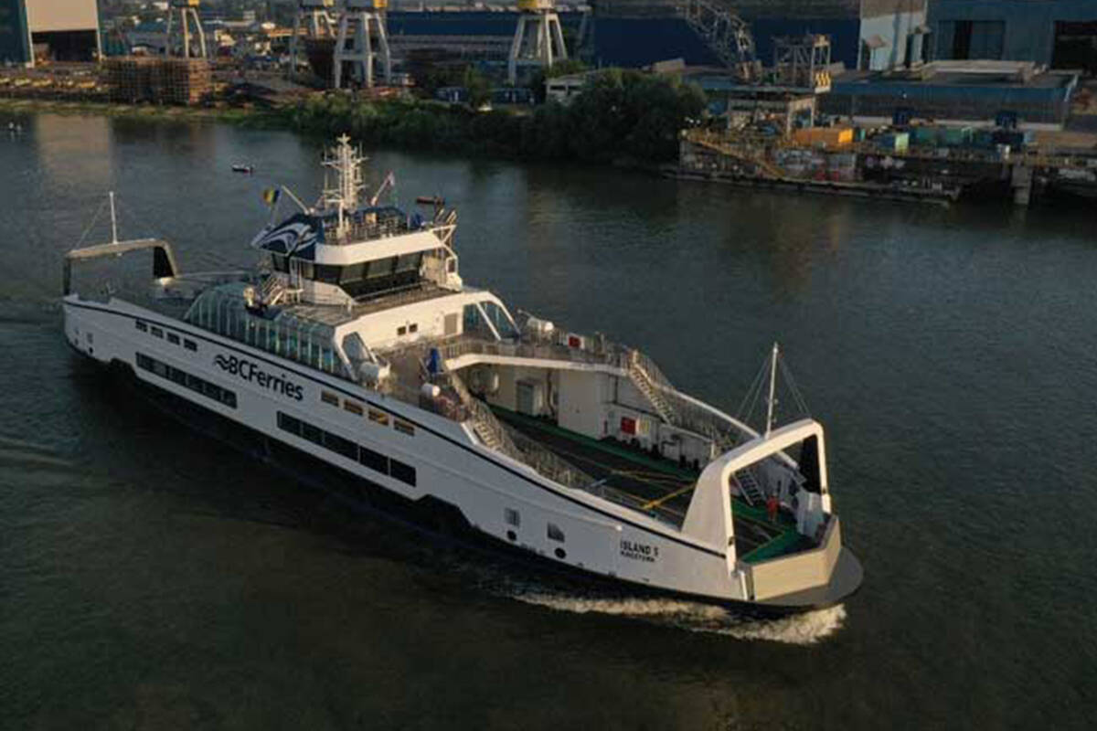 The ferry dubbed Island 5 leaving a shipyard in Romania back in July. B.C. Ferries says the hybrid electric ferry will go into service in 2022. (Submitted photo)