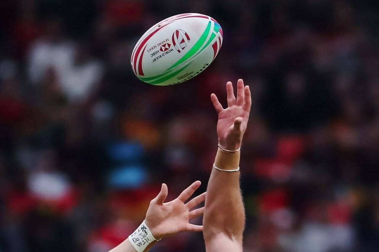 Canada’s Jake Thiel, left, jumps for the ball against Australia’s Nick Malouf during the Challenge Trophy final at the World Rugby Sevens Series action in Vancouver, B.C., March 10, 2019. Only seven of the men’s core teams are taking part in next week’s HSBC Canada Sevens in Vancouver with New Zealand. Fiji, Australia, Argentina, Japan, France and Samoa among those missing. THE CANADIAN PRESS/Ben Nelms