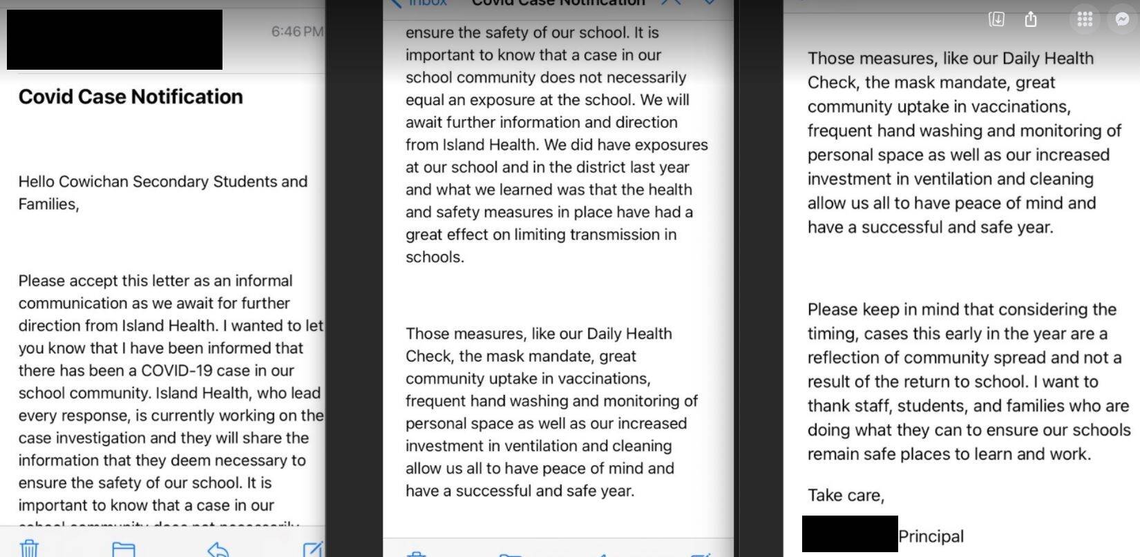 A screenshot of the letter emailed to families by Cowichan Secondary School on Sept. 10, 2021. (Courtesy of BC School Covid Tracker)