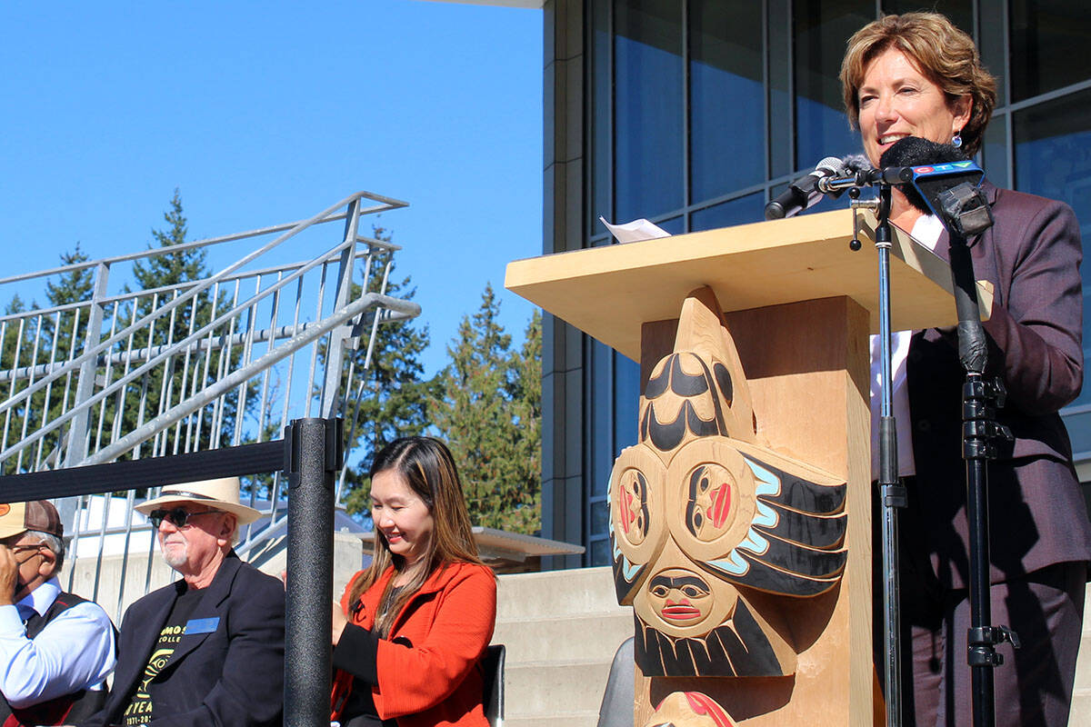 Camosun President Sherri Bell delivers a speech at the college’s 50th anniversary at the Interurban campus. (Megan Atkins-Baker/News Staff)