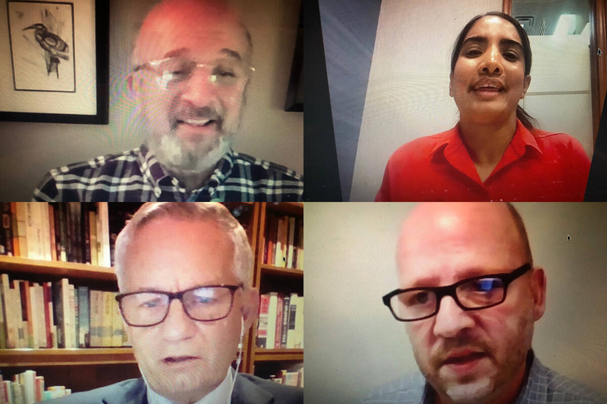 Participating in a virtual forum on Wednesday night were federal Abbotsford riding candidates (clockwise from top left) Stephen Fowler (Green Party), Navreen Gill (Liberal), Kevin Sinclair (People’s Party) and Ed Fast (Conservative). (Vikki Hopes/Abbotsford News)