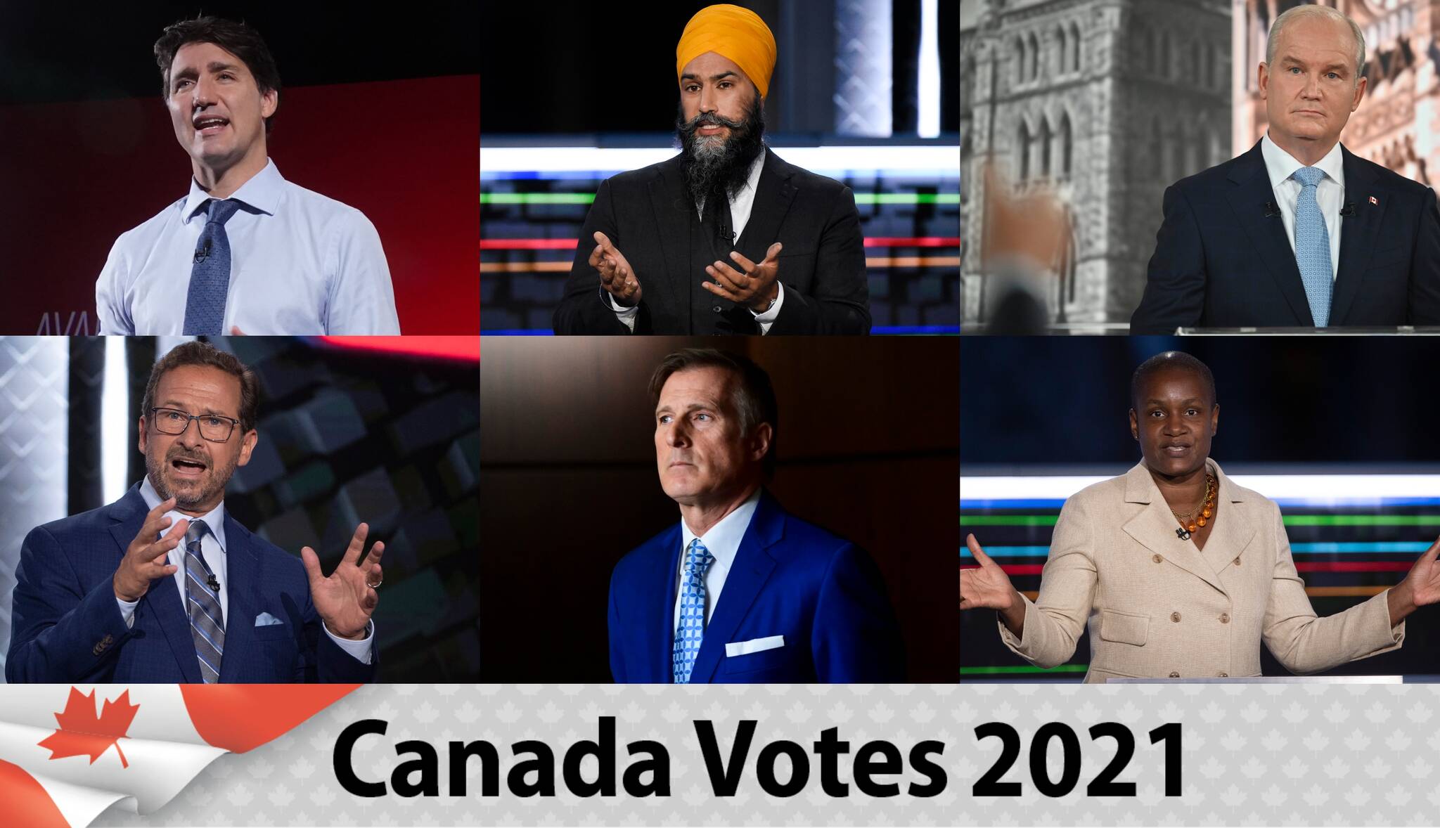 From top left: Justin Trudeau (Liberal), Jagmeet Singh (NDP), Erin O’Toole (Conservative). From bottom left: Yves-Francois Blanchet (Bloc Quebecois), Maxime Bernier (PPC), Annamie Paul (Green). (Canadian Press photos)
