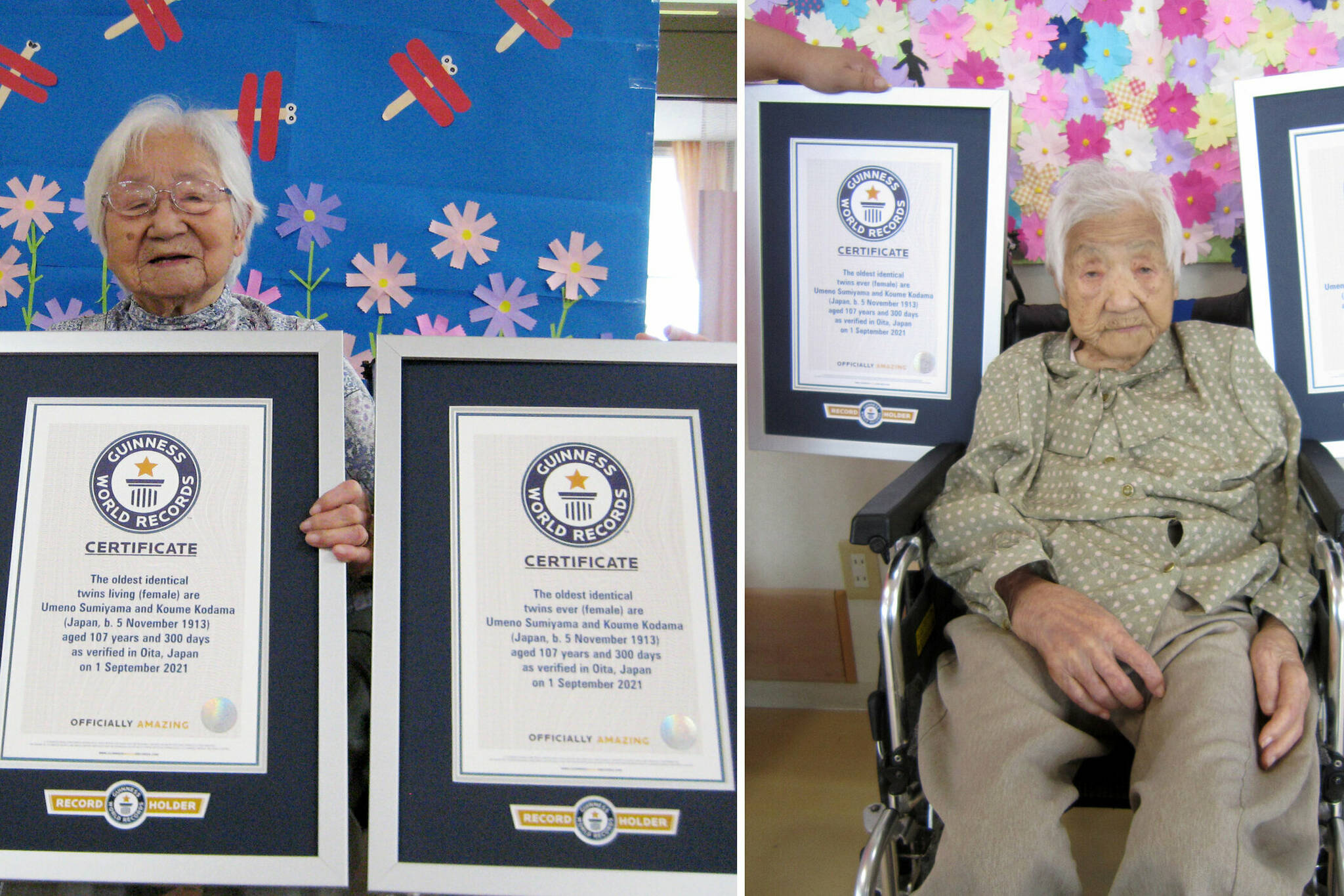This combination of two undated photos released by Guinness World Records on Tuesday, Sept. 21, 2021, show sisters Umeno Sumiyama, left, and Koume Kodama at separate nursing homes in Shodoshima island, left, and Oita prefecture, Japan. The two Japanese twin sisters have been certified by Guinness World Records as the world’s oldest living identical twins, aged 107 years and 300 days as of Sept. 1, 2021, the organization said Monday, Sept. 20, 2021. (Guinness World Records via AP)