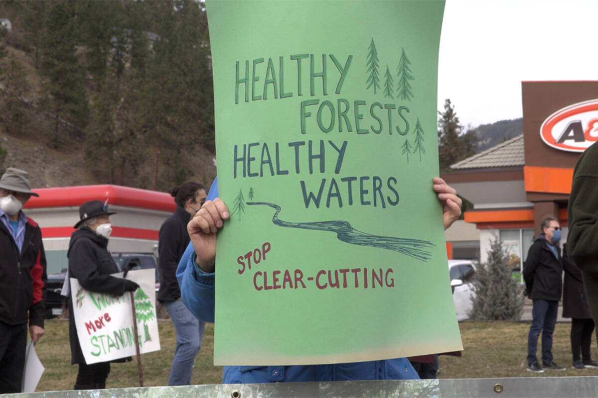 Several Peachland residents gathered to take a stand against clearcut logging to protect the community’s watershed. (Twila Amato/Black Press Media)