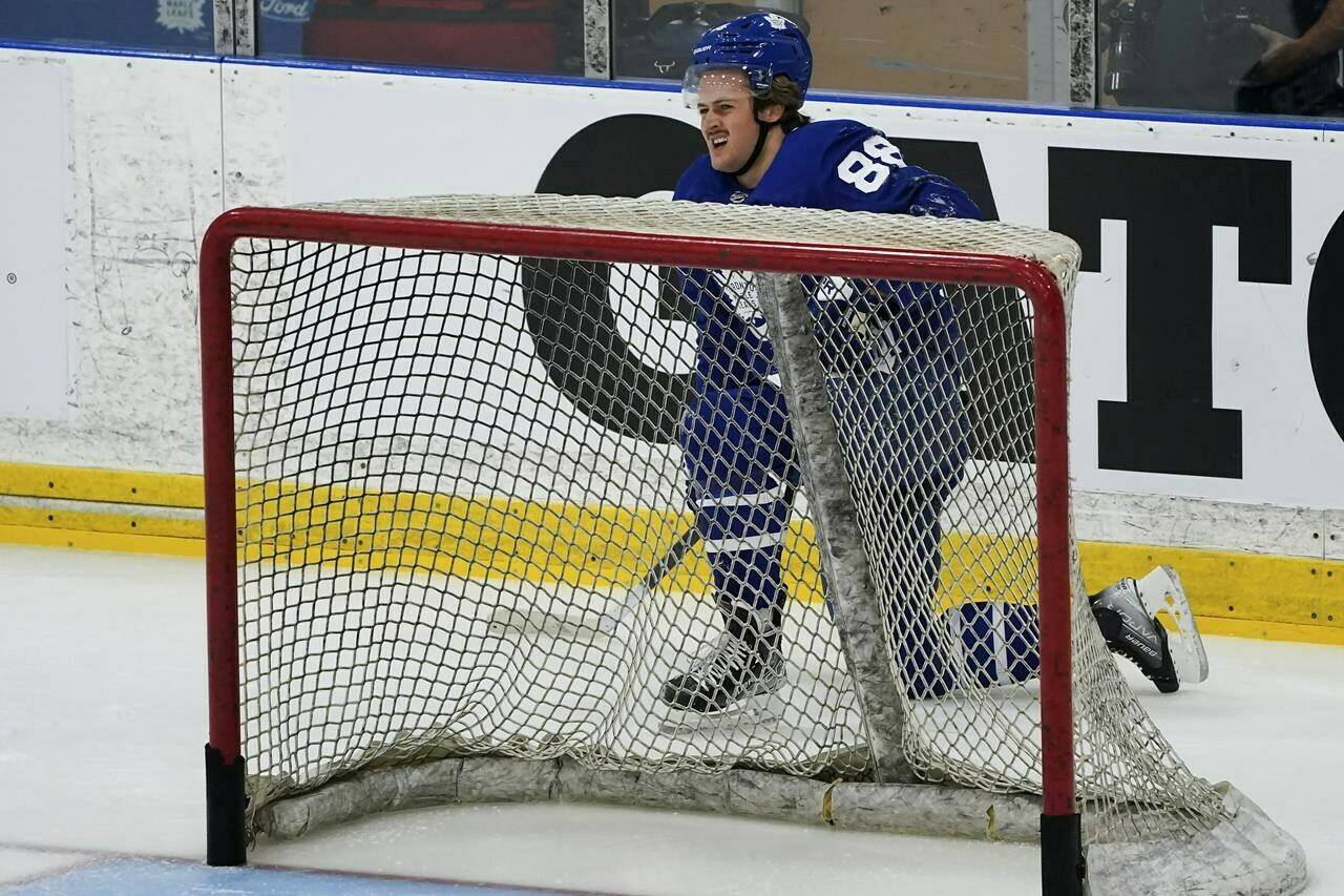 Toronto Maple Leafs forward William Nylander catches his breath behind the net during their NHL training camp in Toronto on Thursday, September 23, 2021. THE CANADIAN PRESS/Nathan Denette