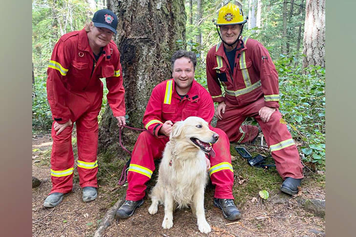 A golden retriever rescued after falling over a cliff face near Ammonite Falls on Friday, Sept. 24, avoided injury in the ordeal and posed for a photo with rescuers including firefighter Joe Mayzes, left, Capt. Darcy Morgan and firefighter Geoff Gowans, volunteers with East Wellington Fire Department. (Photo courtesy East Wellington Fire Department)