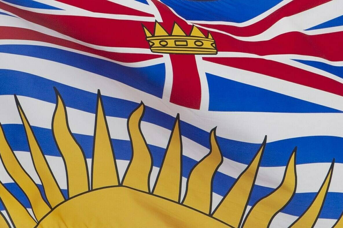 British Columbia’s provincial flag flies on a flag pole in Ottawa, Friday July 3, 2020. Six candidates seeking to become the next leader of British Columbia’s Liberal Party will face each other Tuesday in the campaign’s first debate. THE CANADIAN PRESS/Adrian Wyld
