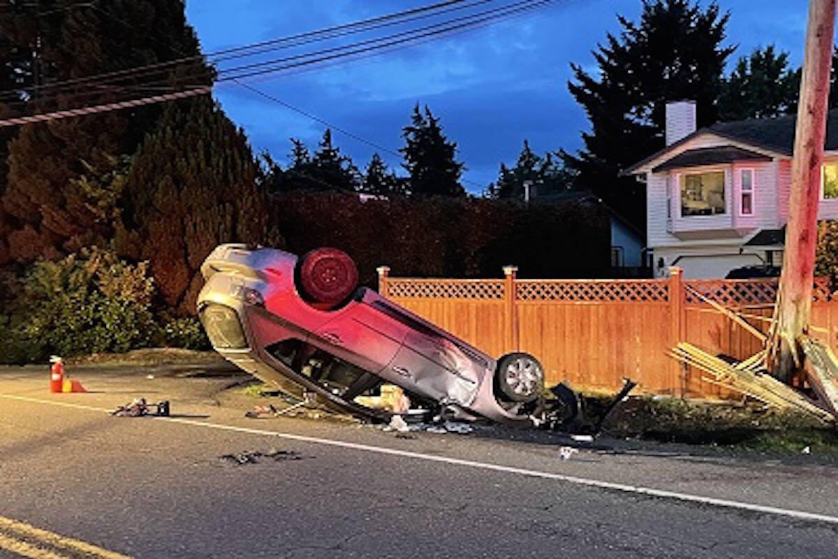 West Shore RCMP officers found an unoccupied grey Mazda that had crashed and rolled onto its roof just after 7 p.m. on Sept. 27. (Photo courtesy of West Shore RCMP)