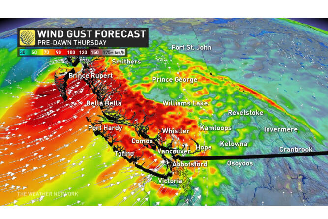 Potential wind gusts early Thursday morning (Sept. 30) for Vancouver Island. Weather Network screenshot