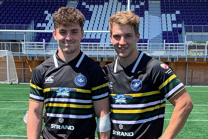 Matt Percillier and Ciaran Breen, seen here after a game last summer as members of the national sevens academy, made their debuts with the senior national team at tournaments in Vancouver and Edmonton this month. (Liz McDougall photo)