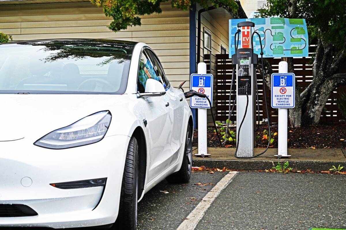 The city-owned electric vehicle charging station at the Dogwood Operations Centre in Campbell River. Photo by Sean Feagan / Campbell River Mirror.