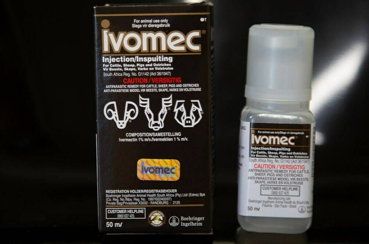 The packaging and a container of veterinary ivermectin is seen in Johannesburg, South Africa, Friday, Jan. 29, 2021. Alberta Health Services says its scientific advisory group has updated its review into using ivermectin to treat COVID-19, warning that existing studies have problems and the available evidence doesn’t deem it safe. THE CANADIAN PRESS/AP-Denis Farrell