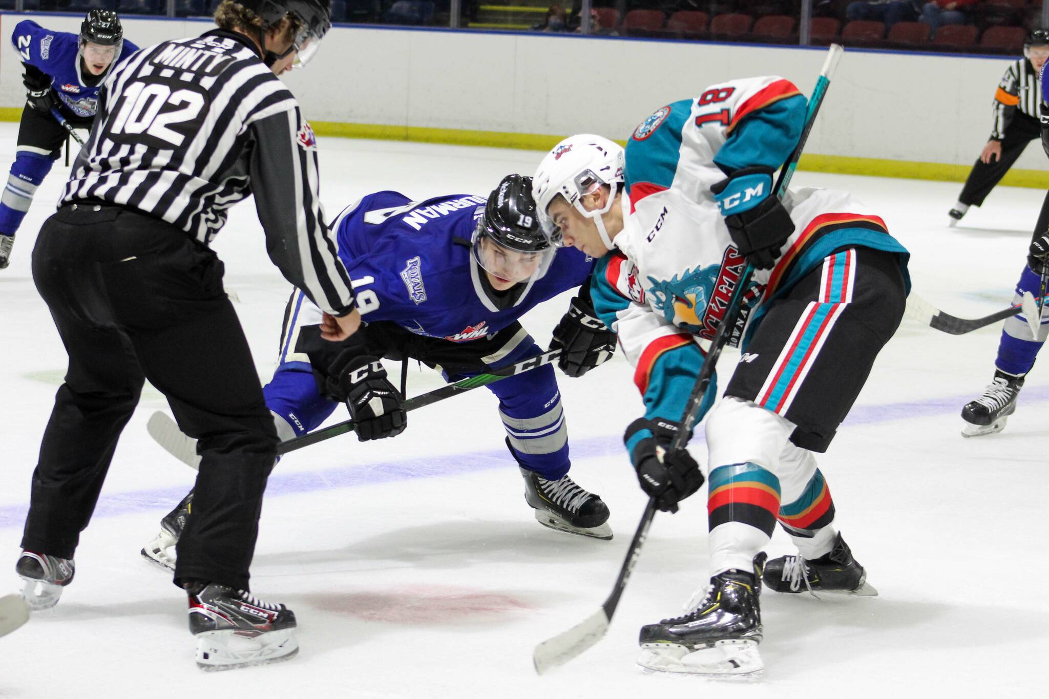 Brayden Schuurman lines up for the face-off during a preseason game against the Kelowna Rockets on Sept. 17. (Paige Bednorz/Kelowna Rockets)