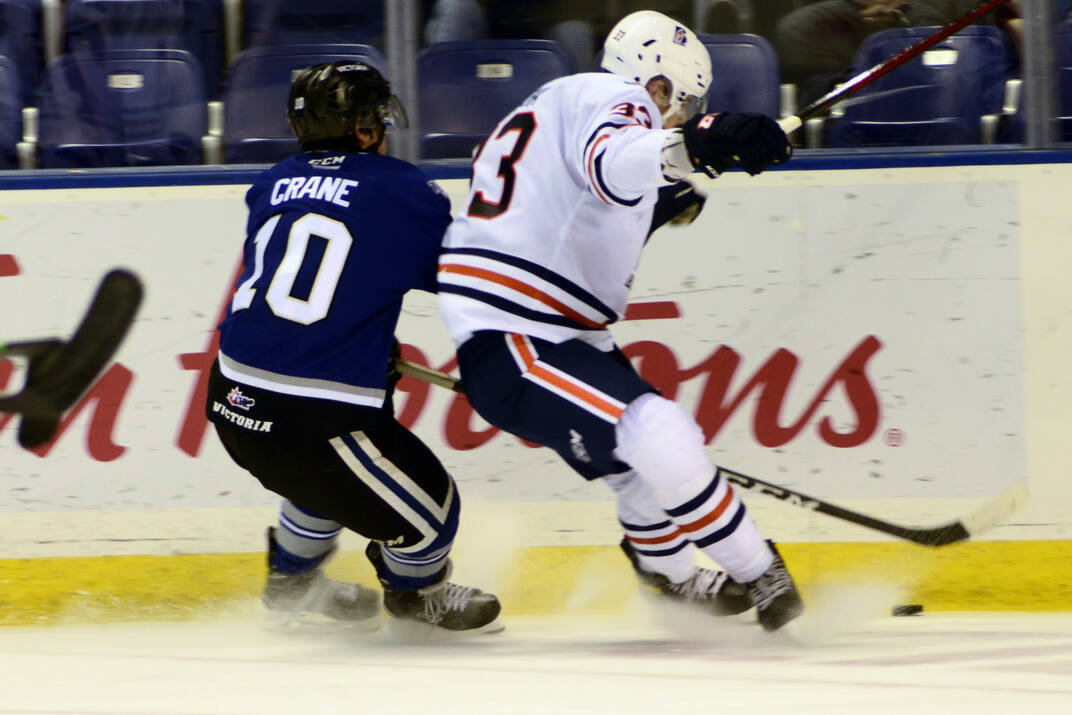 Victoria Royals player Trentyn Crane forechecking deep in the Kamloops Blazers’ zone. (Christopher Kelsall photo)