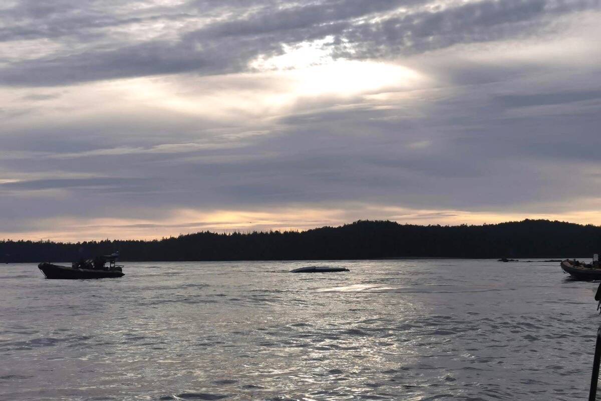 Only the pontoon of a floatplane can be seen after it crashed and flipped in the Tofino harbour on Monday, Oct. 18. (Submitted photo)