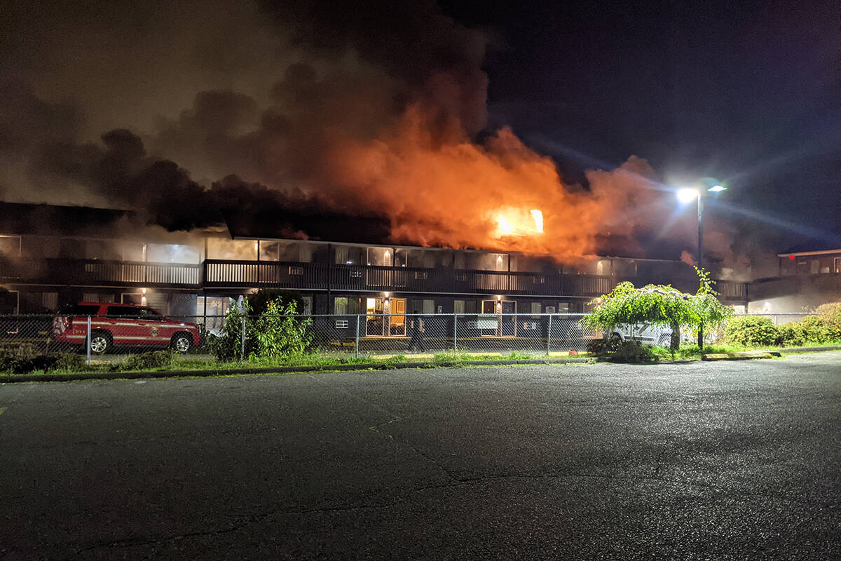 The fire at the Courtenay Travelodge on Oct. 19, 2021, destroyed several units. Photo courtesy Rachel Amaral.