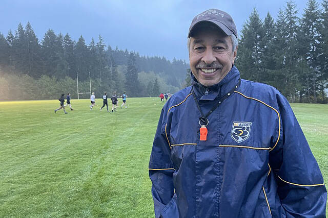 Port Alberni Black Sheep rugby head coach Jas Purewal prepares to put his players through their paces during practice Oct. 14, 2021. (SUSAN QUINN/ Alberni Valley News)