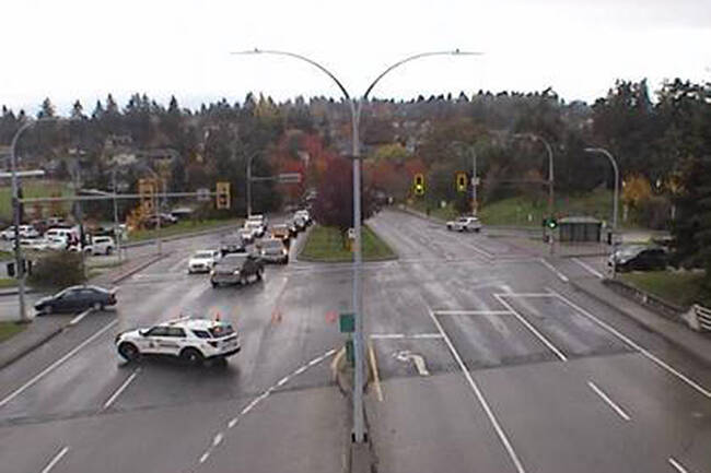 Police were diverting traffic away from the Helmcken Road overpass in View Royal due to a police incident. Roadways in the area reopened to traffic shortly after noon on Wednesday. (DriveBC traffic camera)