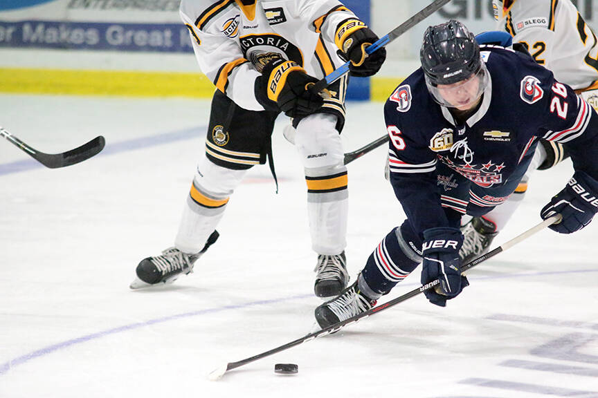 A falling Massimo Sarantos Lombardi keeps control of the puck during the Cowichan Valley Capitals’ loss to the Victoria Grizzlies last Saturday. (Kevin Rothbauer/Citizen)