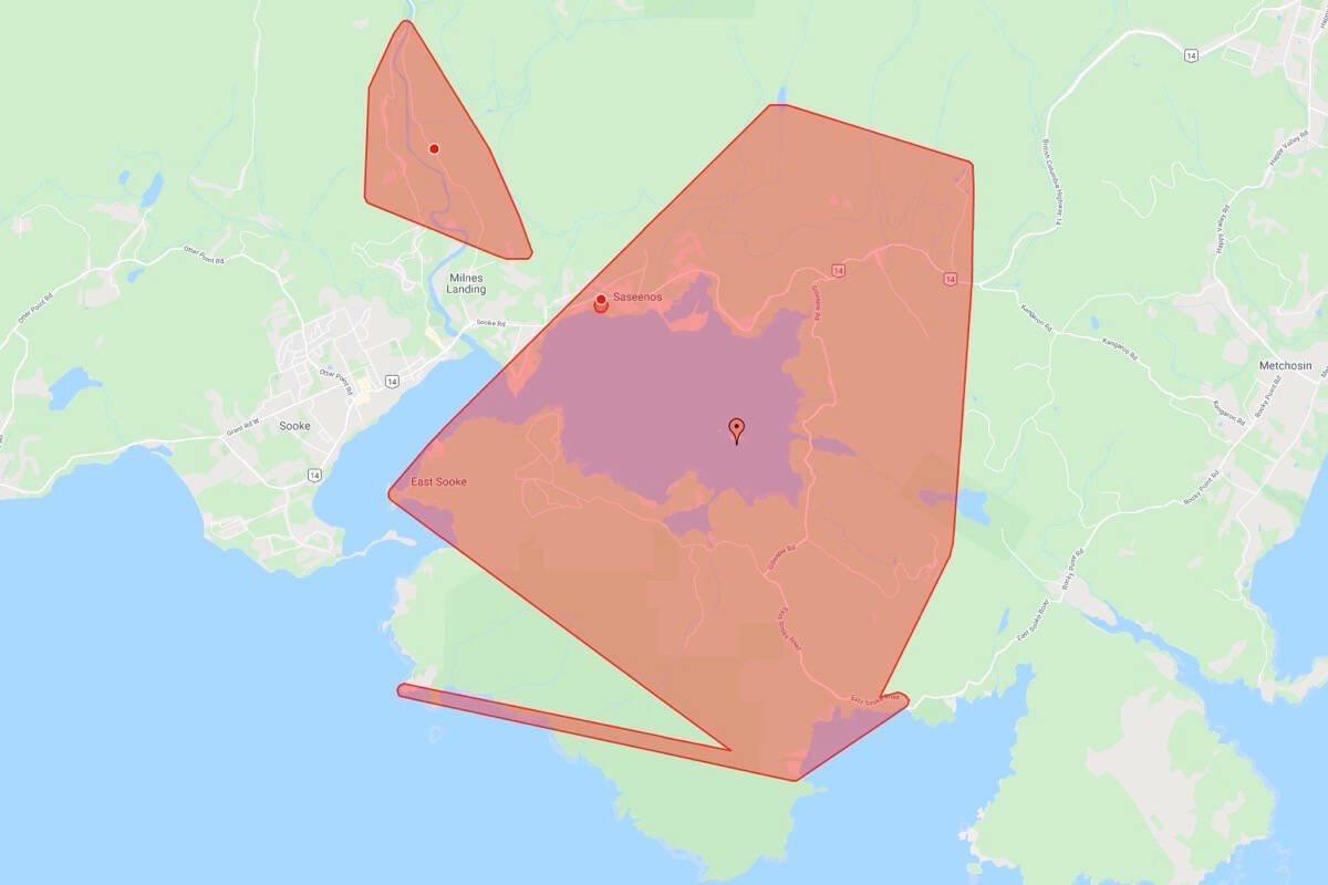 B.C. Hydro crews investigating power outages in an area from Metchosin to Sooke. (Graphic - B.C. Hydro)