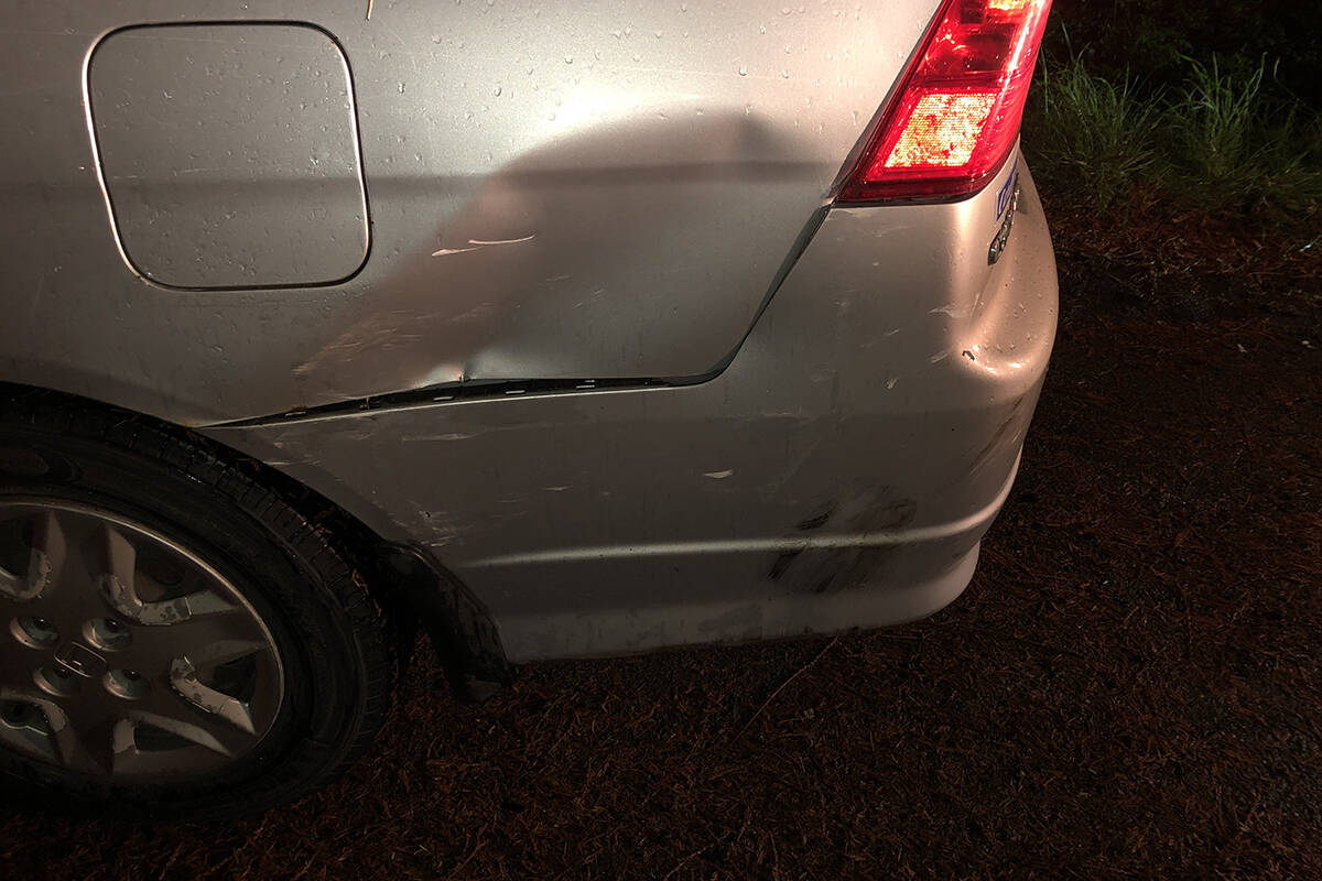 Police are looking to identify a suspect in a hit-and-run investigation that left moderate damage to the victim’s vehicle. (Courtesy West Shore RCMP)