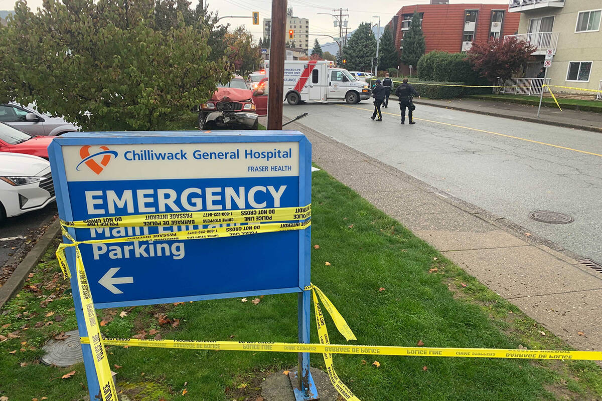 Police have cordoned off a large area directly outside the emergency entrance to Chilliwack General Hospital. Paul Henderson photos.