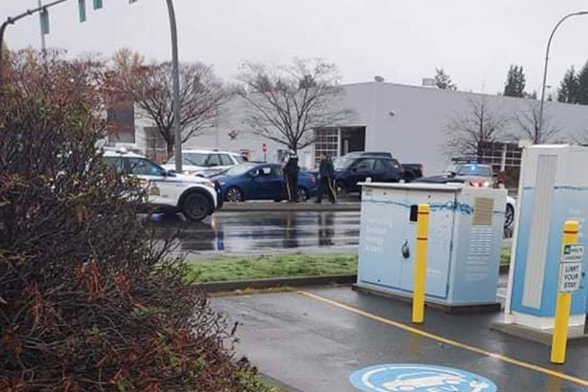 Police arrest a man on Ryan Road in Courtenay on Thursday morning. He is suspected to be involved in a series of road rage incidents, as well as an egging of a Campbell River store. Bev Dempsey-Orr photo