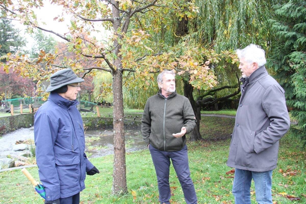 Gerald Harris, Friends of Bowker Creek, Chris Hyde-Lay, parks manager for Oak Bay and Ron Carter, a member of Friends of Uplands Park and an originator of Tree Appreciation Day, plan the swath of land that will be planted Nov. 7. (Christine van Reeuwyk/News Staff)