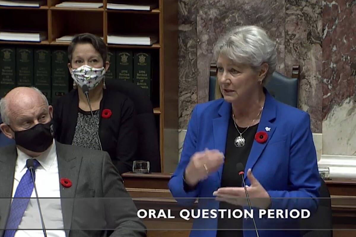 B.C. Forests Minister Katrine Conroy defends her latest plan to defer logging in more areas of the province in the legislature, Nov. 2, 2021. (Hansard TV)