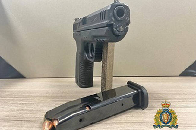 A stolen handgun was recovered during the arrest of a wanted man in Langford. (Courtesy West Shore RCMP)