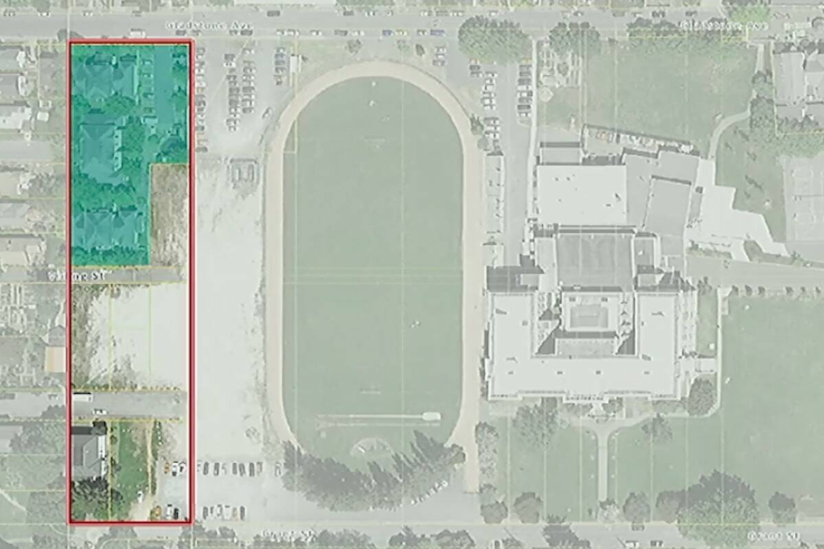 The red box outlines the plot of land where the Capital Region Housing Corporation’s Caledonia redevelopment will be in Fernwood. (Photo courtesy of Capital Region Housing Corporation)