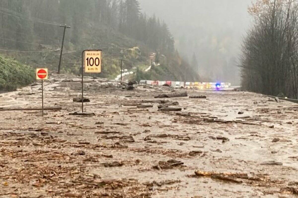 A slide has closed the Coquihalla between Hope and Merritt on Sunday, Nov. 15, 2021. (Transportation BC/Twitter)