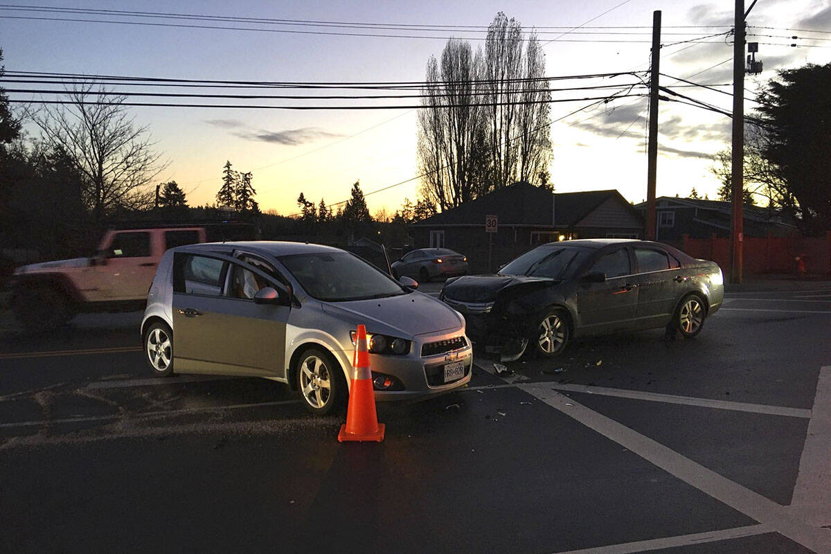 A two vehicle crash outside the View Royal fire hall Tuesday morning has put traffic along Island Highway at a crawl. (Katherine Engqvist/News Staff)