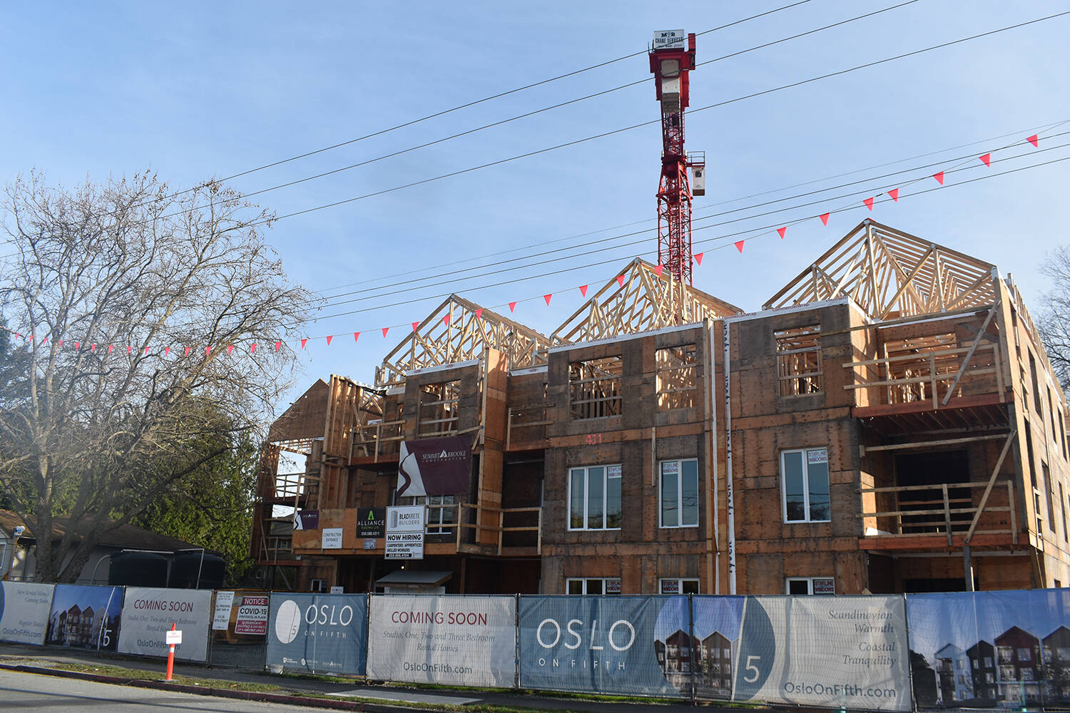 This 71-unit apartment building currently under construction on Fifth Street between Henry Avenue and Malaview Avenue is among the residential units permitted in 2021. According to figures from the Town of Sidney, staff have issued 166 permits for 77 housing units this year through October, for a total of about $24.2 million, significantly down from the peak in 2020. (Wolf Depner/News Staff)