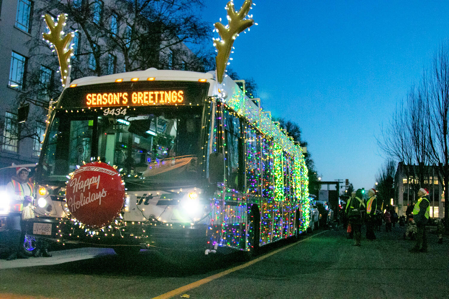The colourfully decorated Santa Bus hits the streets around Greater Victoria on Dec. 10 and 11, offering free rides, candy canes and festive music, with the Santa at the wheel. (Courtesy of BC Transit)